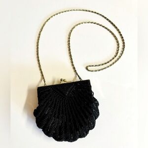 Vintage La Regale Handmade black beaded bag with gold kiss clasp and chain strap